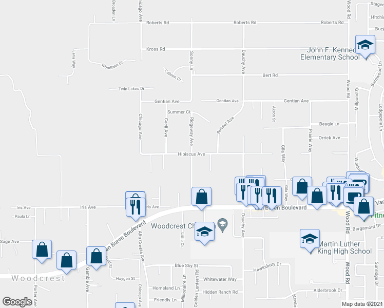 map of restaurants, bars, coffee shops, grocery stores, and more near Ridgeway Avenue & Hibiscus Avenue in Riverside