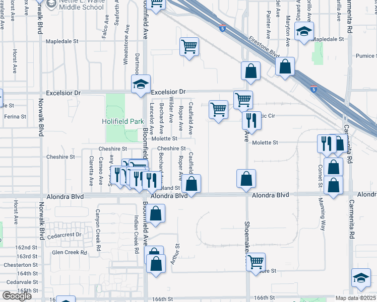map of restaurants, bars, coffee shops, grocery stores, and more near 15419 Caulfield Avenue in Norwalk