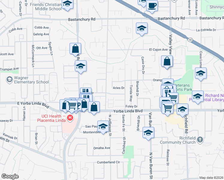 map of restaurants, bars, coffee shops, grocery stores, and more near 17052 Aries Drive in Yorba Linda