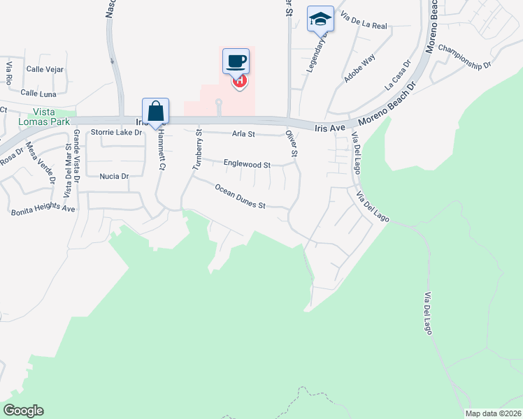 map of restaurants, bars, coffee shops, grocery stores, and more near 27405 Ocean Dunes Street in Moreno Valley