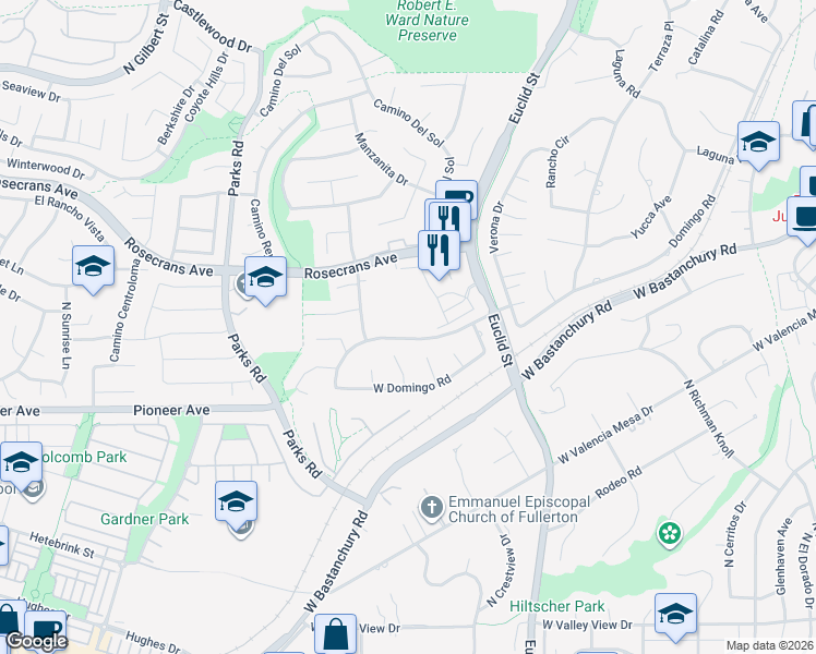 map of restaurants, bars, coffee shops, grocery stores, and more near 1233 Paseo Dorado in Fullerton