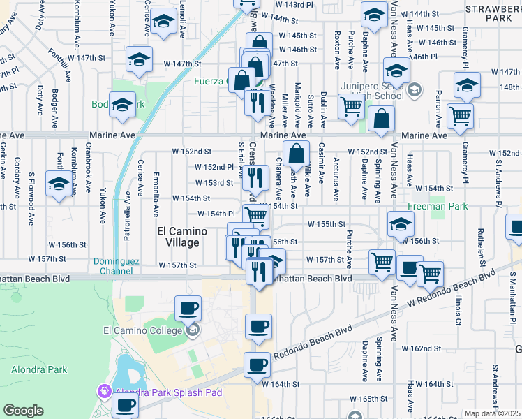map of restaurants, bars, coffee shops, grocery stores, and more near 15400 Crenshaw Boulevard in Gardena