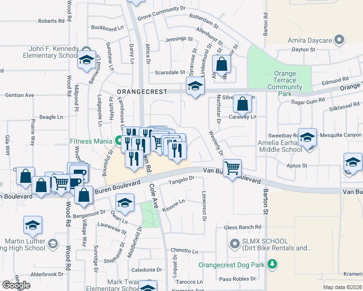 map of restaurants, bars, coffee shops, grocery stores, and more near 8782 Flatiron Court in Riverside