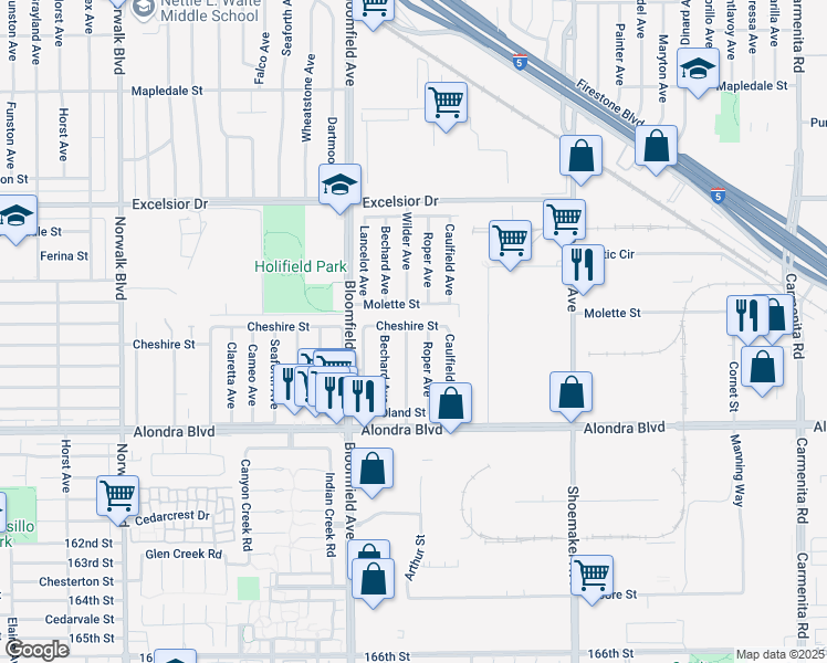 map of restaurants, bars, coffee shops, grocery stores, and more near 15419 Wilder Avenue in Norwalk