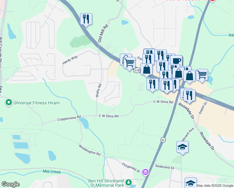 map of restaurants, bars, coffee shops, grocery stores, and more near 172 Venture Path in Hiram