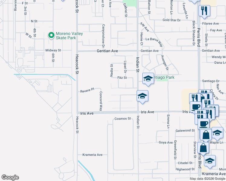 map of restaurants, bars, coffee shops, grocery stores, and more near 24307 Wildwood Street in Moreno Valley