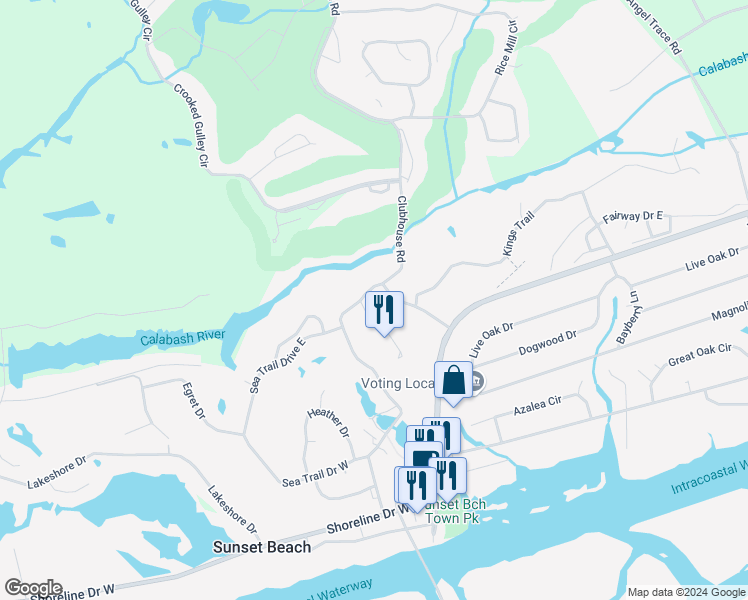 map of restaurants, bars, coffee shops, grocery stores, and more near 135 Royal Poste Road in Sunset Beach