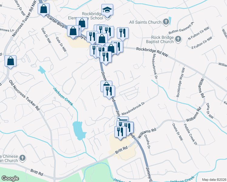 map of restaurants, bars, coffee shops, grocery stores, and more near 6176 WinterGreen Road Northwest in Norcross