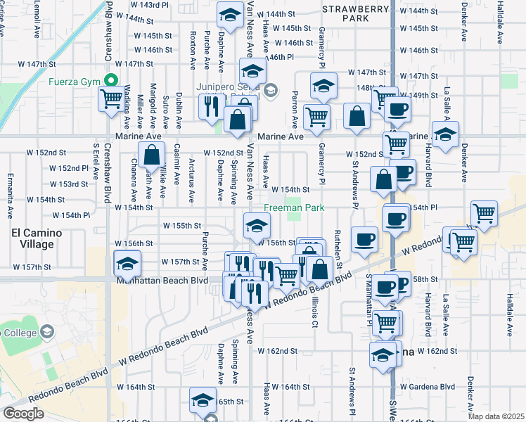 map of restaurants, bars, coffee shops, grocery stores, and more near 15403 Haas Avenue in Gardena