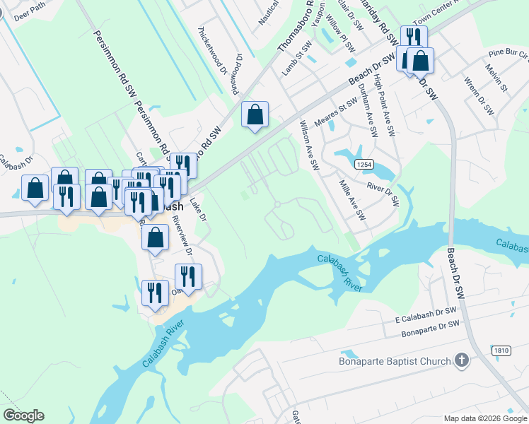 map of restaurants, bars, coffee shops, grocery stores, and more near 9855 Beach Dr SW in Calabash