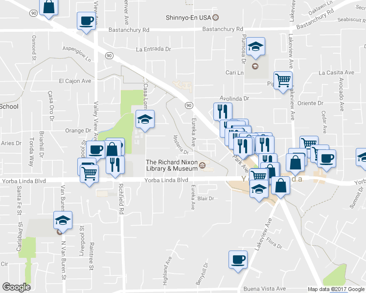 map of restaurants, bars, coffee shops, grocery stores, and more near 4822 Wisteria Drive in Yorba Linda