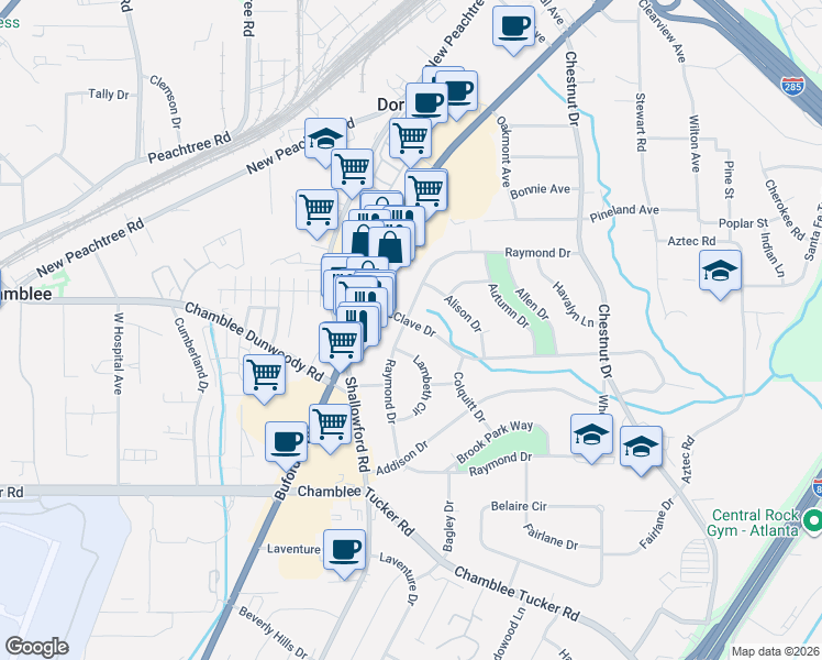 map of restaurants, bars, coffee shops, grocery stores, and more near 3433 Raymond Drive in Doraville