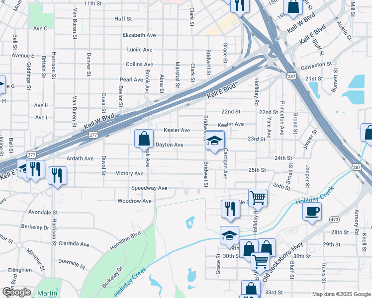 map of restaurants, bars, coffee shops, grocery stores, and more near 1645 Dayton Ave in Wichita Falls