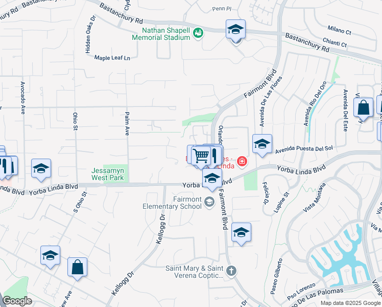 map of restaurants, bars, coffee shops, grocery stores, and more near 4795 Logana Plaza in Yorba Linda