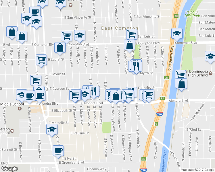 map of restaurants, bars, coffee shops, grocery stores, and more near 15622 South Butler Avenue in Compton