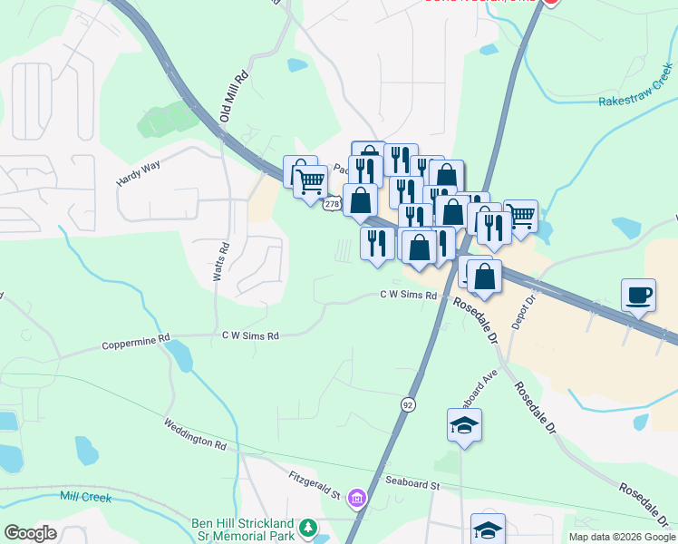 map of restaurants, bars, coffee shops, grocery stores, and more near 86 King Road in Hiram