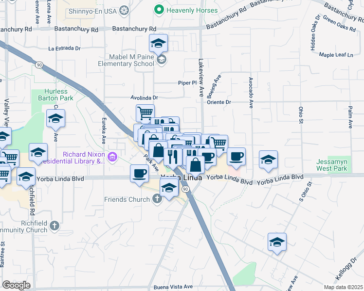 map of restaurants, bars, coffee shops, grocery stores, and more near 4835 School Street in Yorba Linda