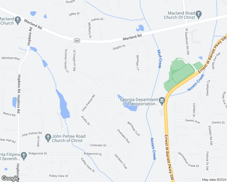 map of restaurants, bars, coffee shops, grocery stores, and more near 2554 Overlake Drive in Powder Springs