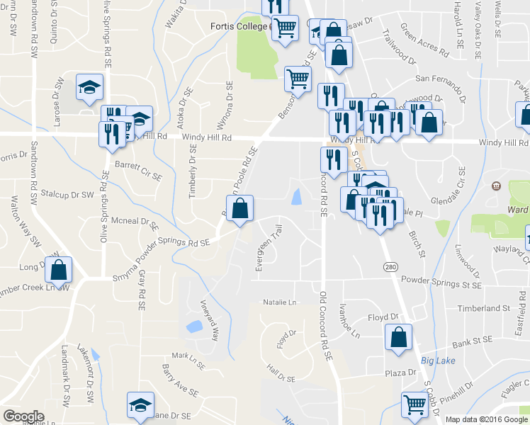 map of restaurants, bars, coffee shops, grocery stores, and more near 361 Smyrna Powder Springs Rd SE in Smyrna
