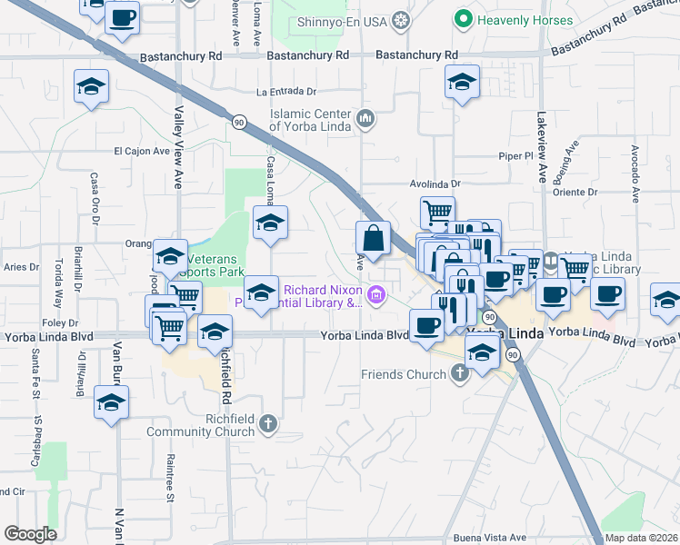 map of restaurants, bars, coffee shops, grocery stores, and more near 4822 Wisteria Drive in Yorba Linda