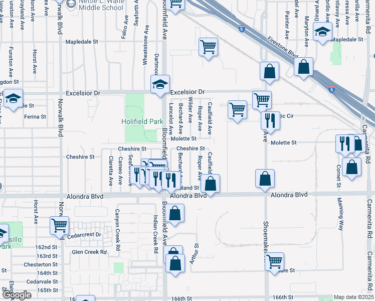map of restaurants, bars, coffee shops, grocery stores, and more near 15419 Wilder Avenue in Norwalk
