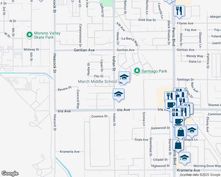 map of restaurants, bars, coffee shops, grocery stores, and more near 24477 Wildwood Street in Moreno Valley