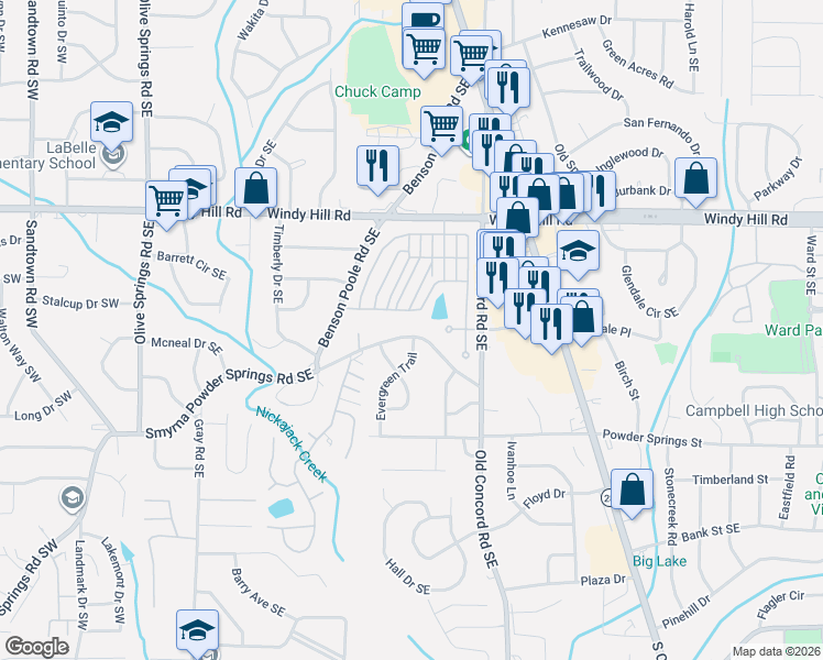 map of restaurants, bars, coffee shops, grocery stores, and more near 361 Smyrna Powder Springs Road Southeast in Smyrna