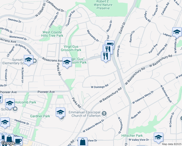 map of restaurants, bars, coffee shops, grocery stores, and more near 1708 Camino La Vista in Fullerton