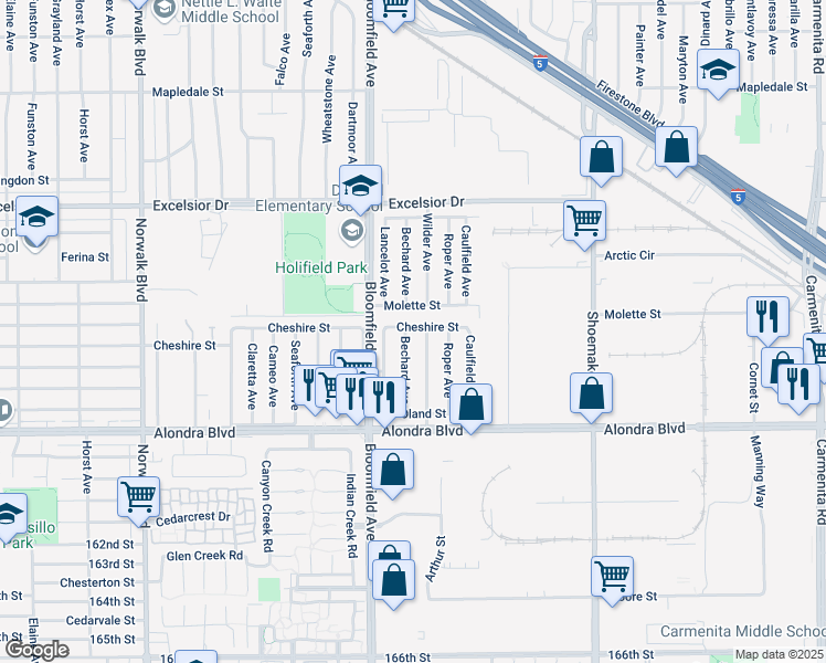 map of restaurants, bars, coffee shops, grocery stores, and more near 15418 Bechard Avenue in Norwalk