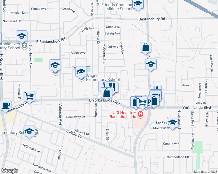 map of restaurants, bars, coffee shops, grocery stores, and more near 4891 Kermath Street in Placentia