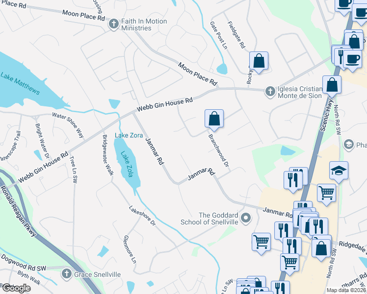 map of restaurants, bars, coffee shops, grocery stores, and more near 1321 Raintree Drive Southwest in Snellville