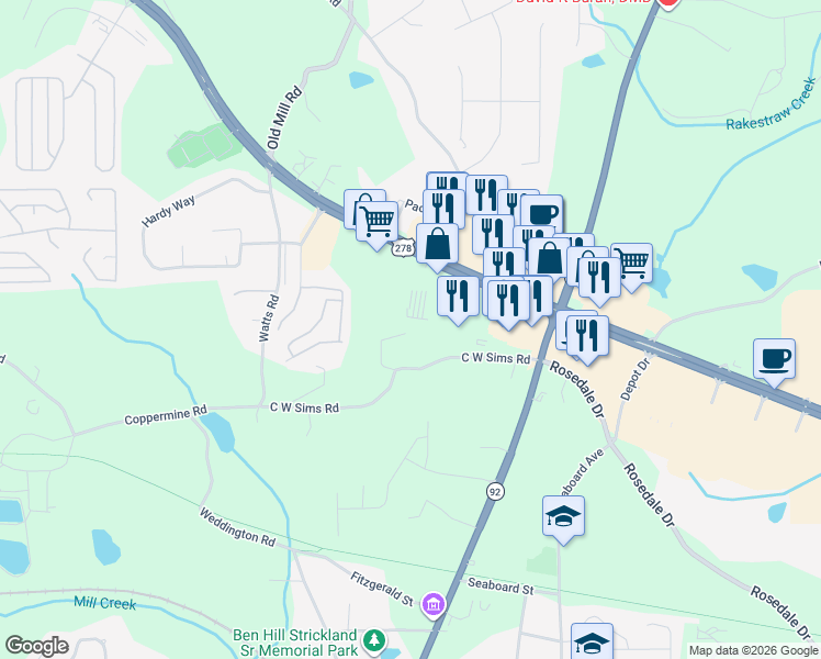 map of restaurants, bars, coffee shops, grocery stores, and more near 86 King Road in Hiram