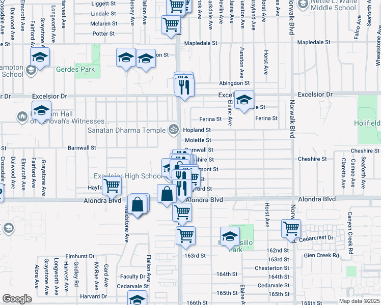 map of restaurants, bars, coffee shops, grocery stores, and more near 11826 Barnwall Street in Norwalk