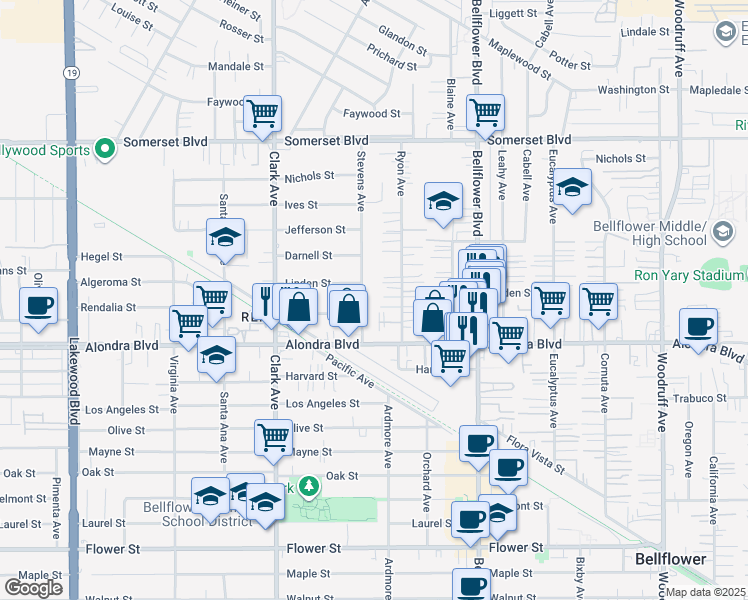 map of restaurants, bars, coffee shops, grocery stores, and more near 15716 Stevens Avenue in Bellflower