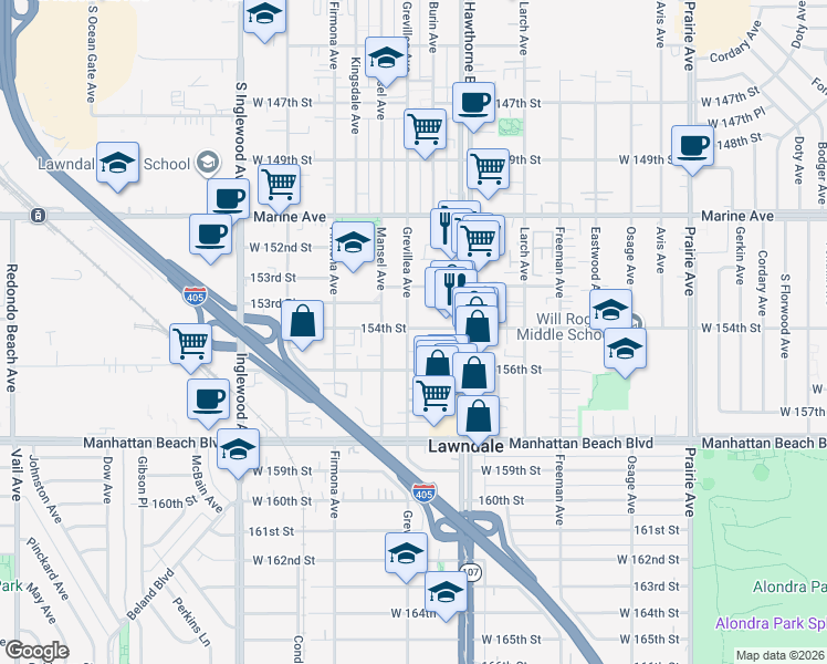 map of restaurants, bars, coffee shops, grocery stores, and more near 4450 154th Street in Lawndale