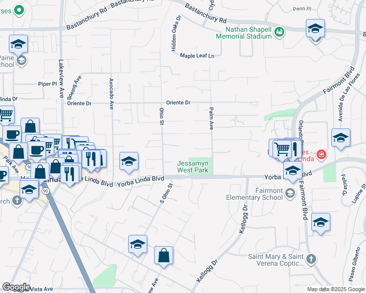 map of restaurants, bars, coffee shops, grocery stores, and more near 19040 Lynn Lane in Yorba Linda