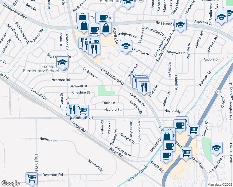 map of restaurants, bars, coffee shops, grocery stores, and more near 15445 Ocaso Avenue in La Mirada