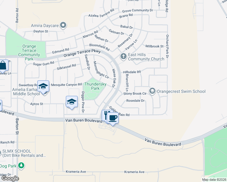 map of restaurants, bars, coffee shops, grocery stores, and more near 8800 Mesa Oak Drive in Riverside