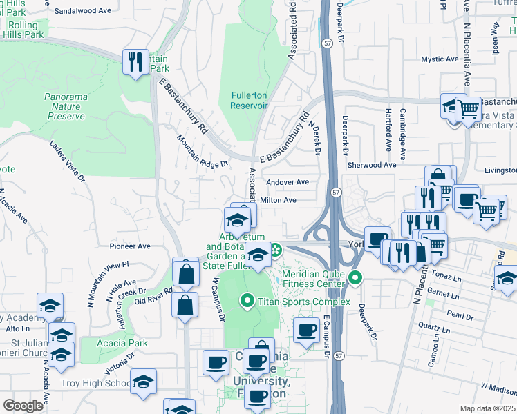 map of restaurants, bars, coffee shops, grocery stores, and more near 2606 Milton Avenue in Fullerton