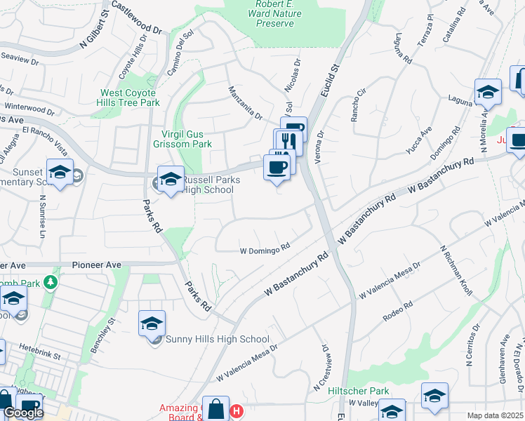 map of restaurants, bars, coffee shops, grocery stores, and more near 1229 Paseo Dorado in Fullerton