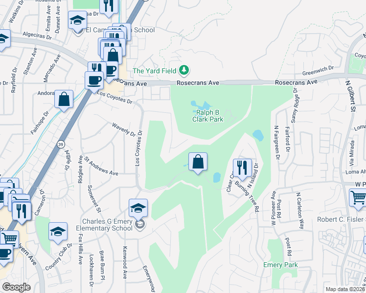 map of restaurants, bars, coffee shops, grocery stores, and more near 8790 Hillcrest Road in Buena Park