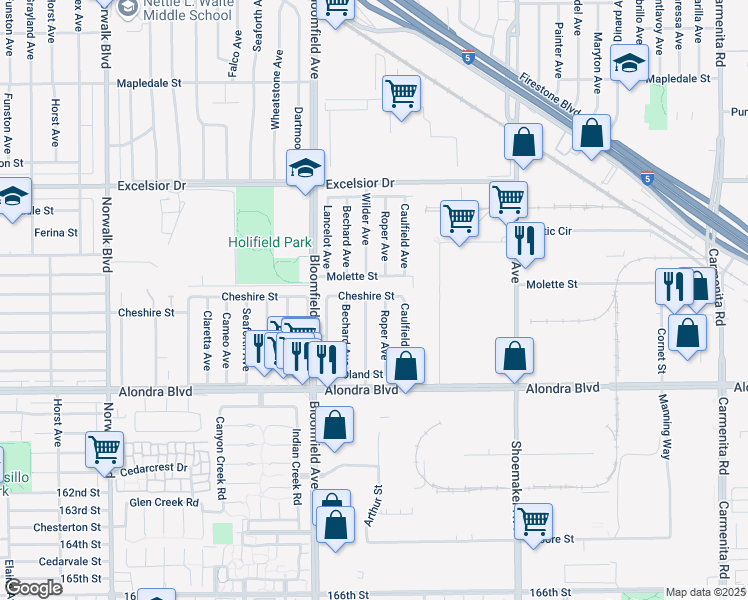 map of restaurants, bars, coffee shops, grocery stores, and more near 15419 Wilder Avenue in Norwalk