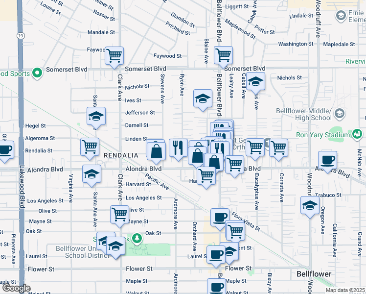 map of restaurants, bars, coffee shops, grocery stores, and more near 15724 1/2 Ryon Avenue in Bellflower