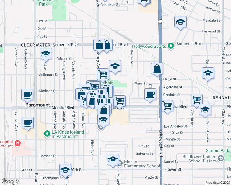 map of restaurants, bars, coffee shops, grocery stores, and more near 15703 Passage Avenue in Paramount