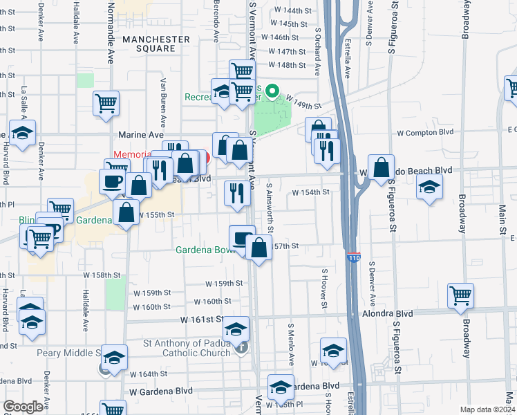 map of restaurants, bars, coffee shops, grocery stores, and more near 15420 South Vermont Avenue in Gardena