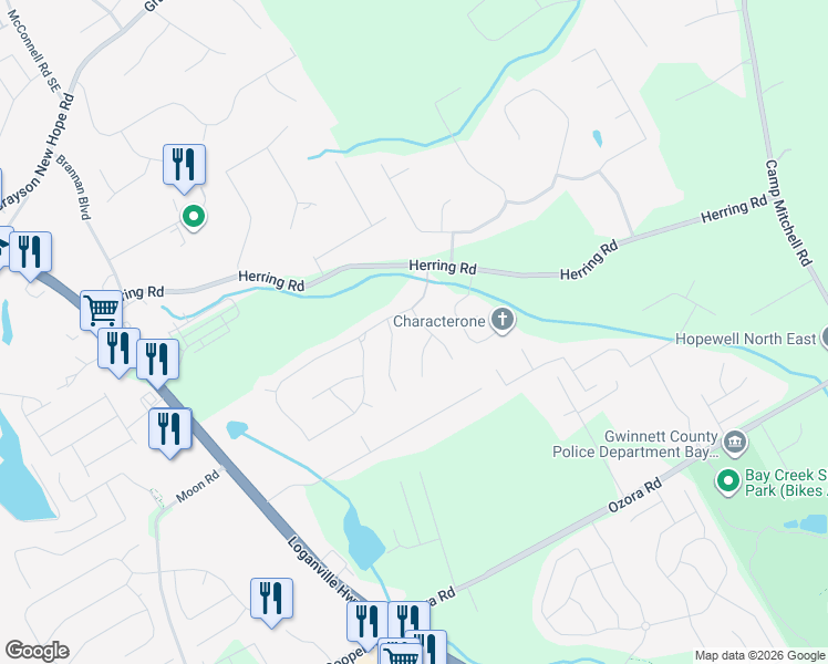 map of restaurants, bars, coffee shops, grocery stores, and more near 2481 Rice Mill Run in Grayson