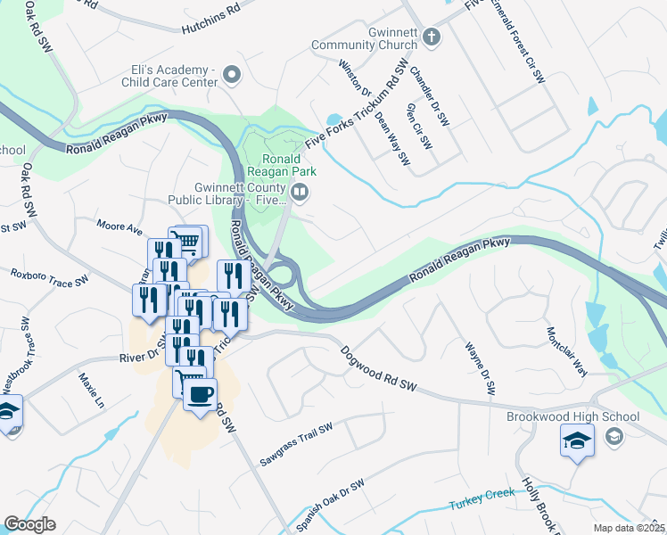 map of restaurants, bars, coffee shops, grocery stores, and more near 2773 Marcia Drive Southwest in Lawrenceville