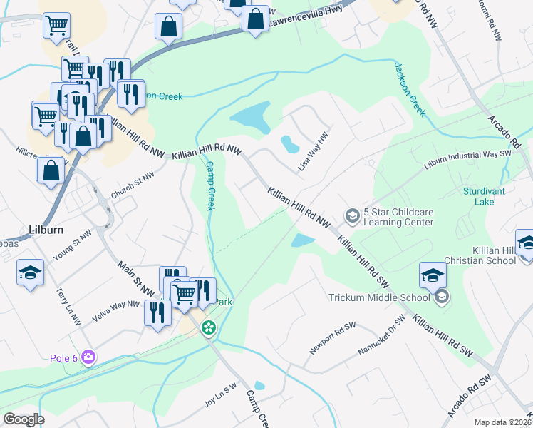 map of restaurants, bars, coffee shops, grocery stores, and more near 155 Killian Hill Road Southwest in Lilburn