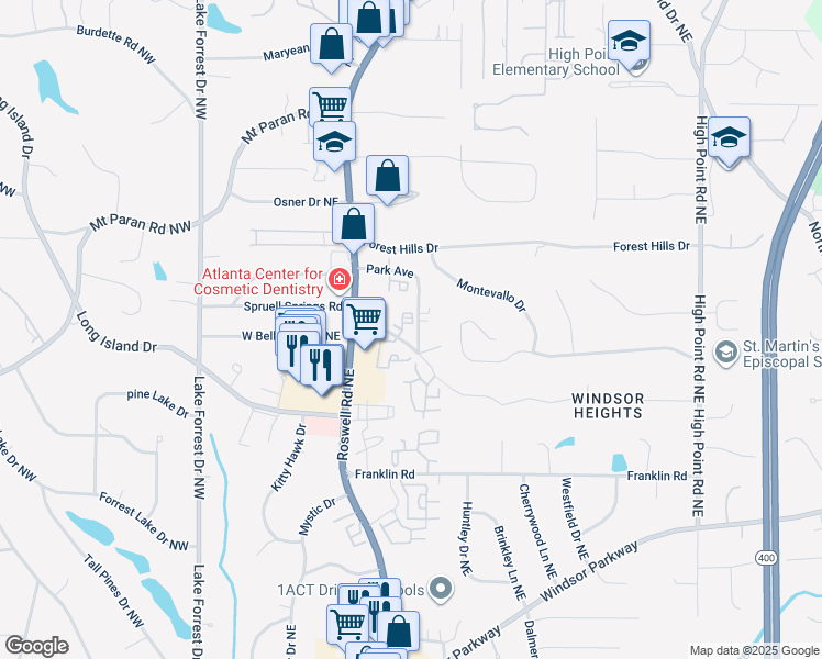 map of restaurants, bars, coffee shops, grocery stores, and more near 100 East Belle Isle Road Northeast in Sandy Springs