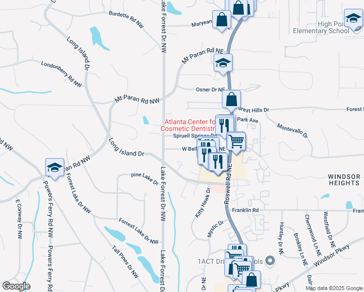 map of restaurants, bars, coffee shops, grocery stores, and more near 46 West Belle Isle Road Northeast in Atlanta